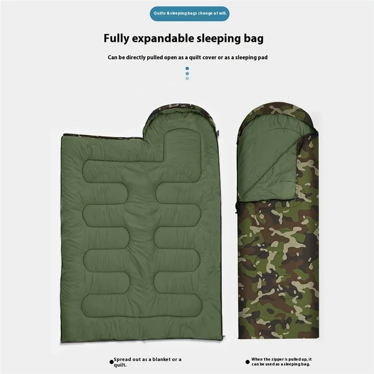 Saco de dormir tipo sobre para camping al aire libre con capucha para adultos, de algodón hueco y cálido, 1.8 kg / -5 ~ 15 grados Celsius - Camuflaje de la selva