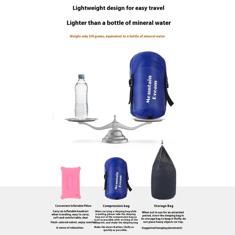 MOUNTAIN DREAM 600g Gänsedaunen Ultraleichter tragbarer Camping-Schlafsack mit Aufbewahrungstasche - Blau