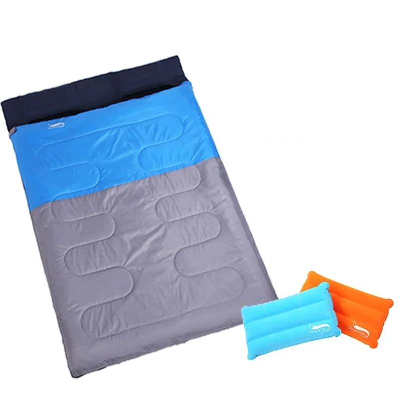 DESERT&FOX Dubbel sovsäck för två personer, utomhusläger, vandring, tjock sovsäck med 2 kuddar - Blå/Grå