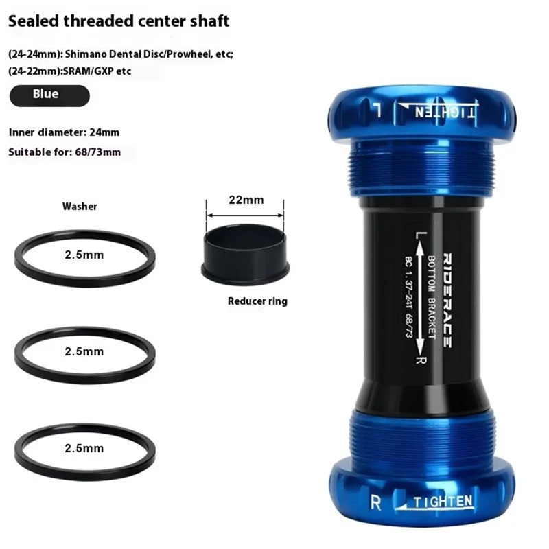 RIDERACE RR9348 Bicycle Bottom Bracket BB52 Sealed Ceramic Bearing Threaded Center Shaft - Blue