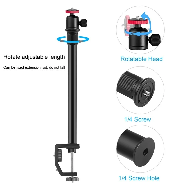 PULUZ PU3064B C-Clamp with Ball Head Gimbal Adjustable Center Column Extension Rod, Rod Length 33-60cm