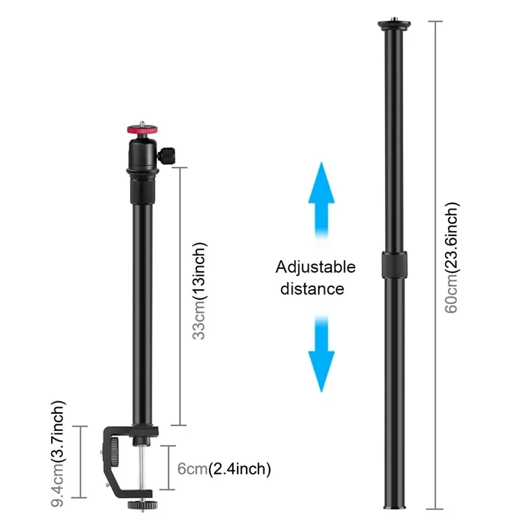 PULUZ PU3064B C-Clamp with Ball Head Gimbal Adjustable Center Column Extension Rod, Rod Length 33-60cm