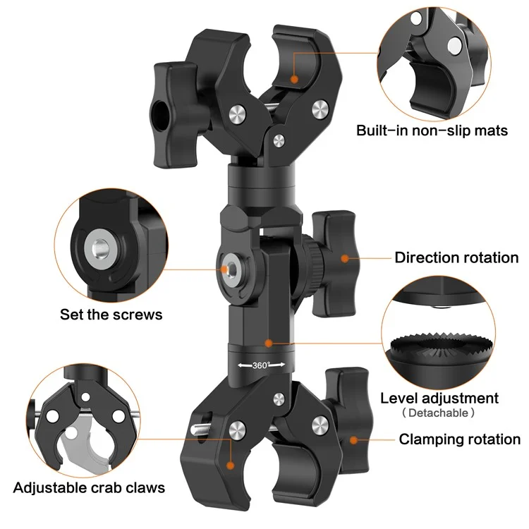 GP384-2 Double Crab Clamps Motorcycle Handlebar 360 Degree Rotatable Fixed Mount for Sports Camera