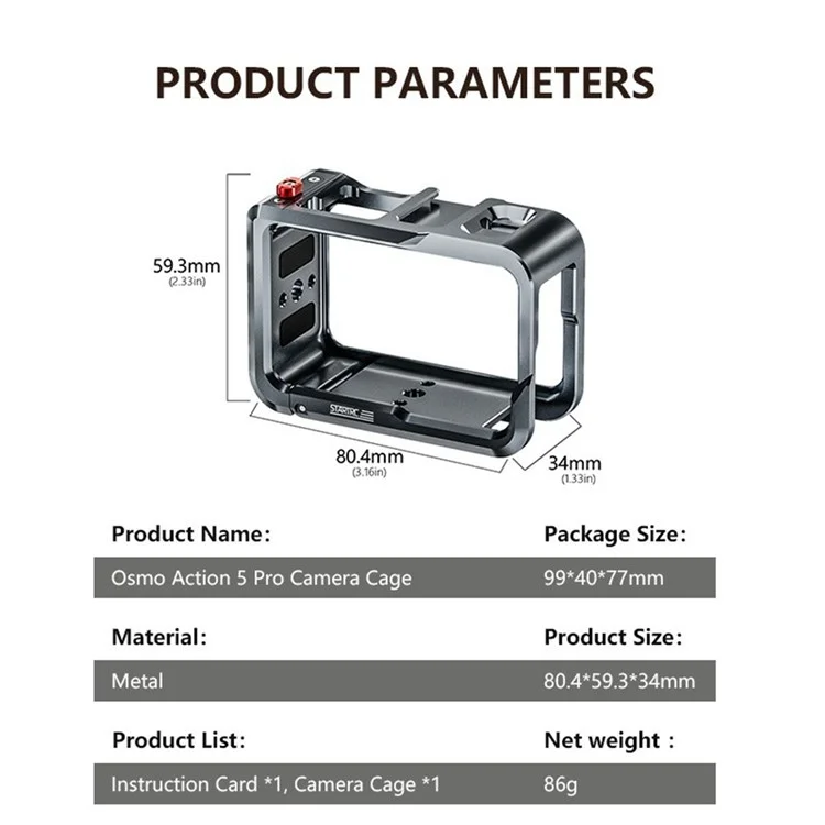 Cage d'extension en métal STARTRC 1145595 pour caméra sportive DJI Osmo Action 5 Pro