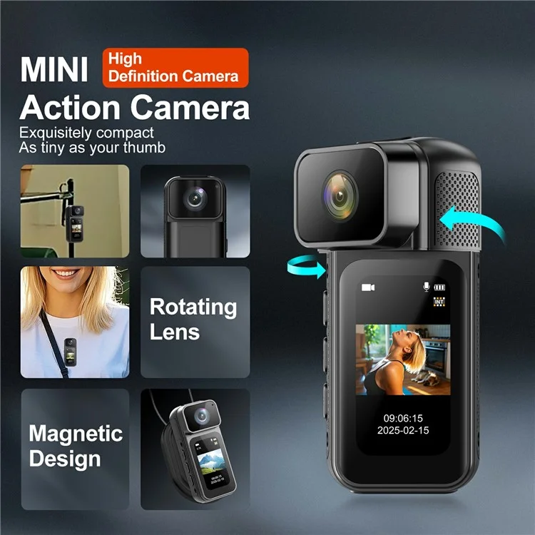 S80 Thumb Camera 2.7K Ultra HD Video 180 Degree Rotatable Lens 1.47" IPS Screen WiFi Mini Action Camera - Black