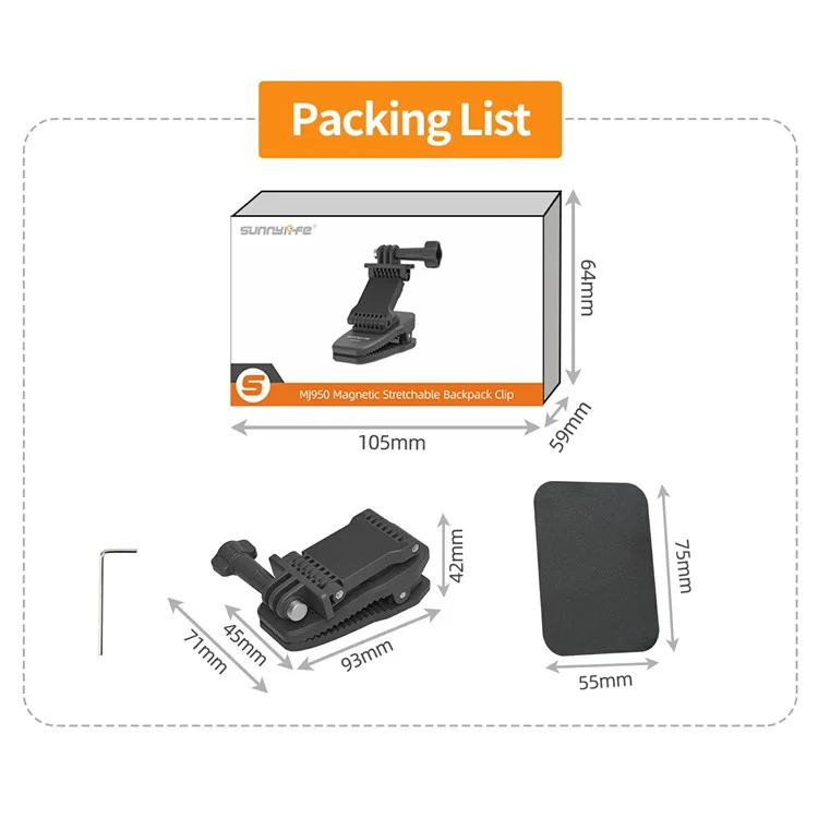 SUNNYLIFE MJ950 Action Camera 360 Degree Magnetic Backpack Clip Foldable Mount Bracket