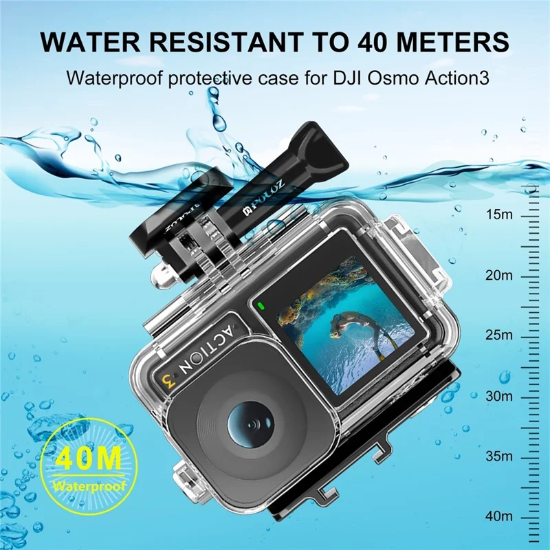 PULUZ PU808 For DJI Osmo Action 3 Case 40M Waterproof Cover with Cold Shoe Mount  /  Bracket