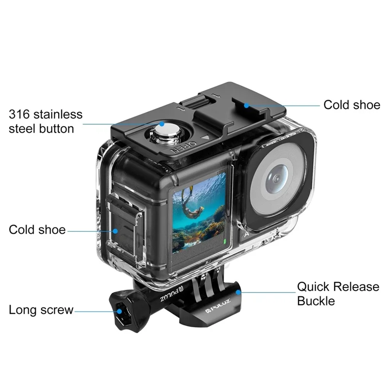 PULUZ PU808 For DJI Osmo Action 3 Case 40M Waterproof Cover with Cold Shoe Mount  /  Bracket