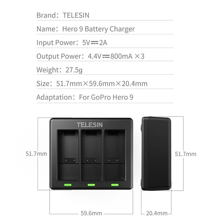 TELESIN AT1103 Triple Channel Battery Charger para GoPro HERO 9 Black Battery Charger
