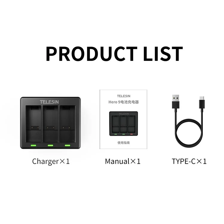 TELESIN AT1103 Triple Channel Battery Charger para GoPro HERO 9 Black Battery Charger