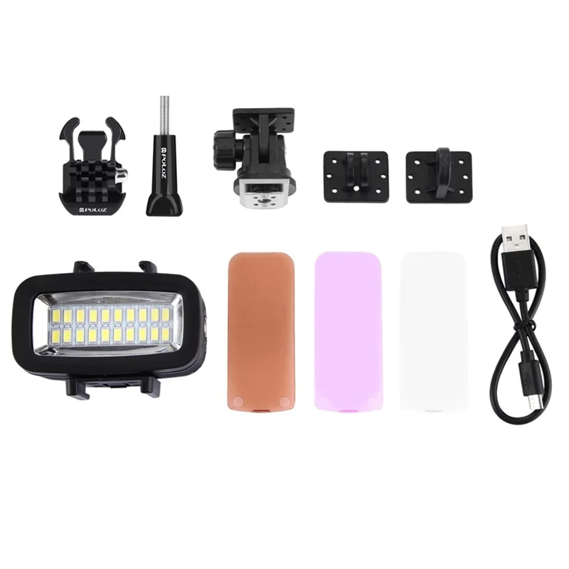 PULUZ PU222 For GoPro LED Video Light IPX8 40m Waterproof 20 LEDs Hot Shoe Mount Fill Light with 2 Color Filters