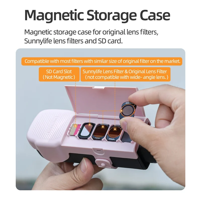 SUNNYLIFE OP3-K019 Étui de rangement magnétique pour filtre de caméra DJI Osmo Pocket 3 avec dragonne - Rose