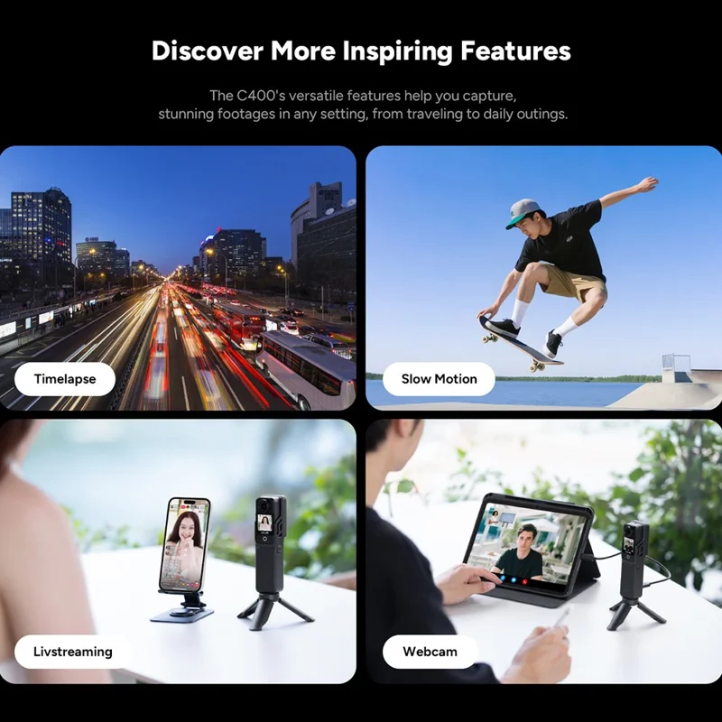 SJCAM C400 1,3 Zoll Vorder- + 2,29 Zoll Rückbildschirm Sportaktionskamera 4K 30FPS Handliche Taschenkamkorder