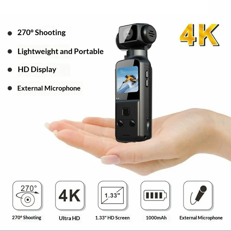 Cámara Deportiva K1 4K HD, Cámara de Acción con Lente Giratorio de 270 Grados y Micrófono de Solapa