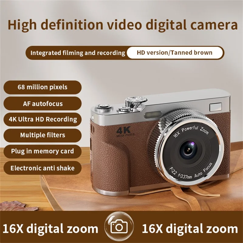 68MP 4K HD Digital Camera 16X Optical Zoom 2.8 Inch IPS Screen AF Auto Focus Camera No Memory Card - Coffee