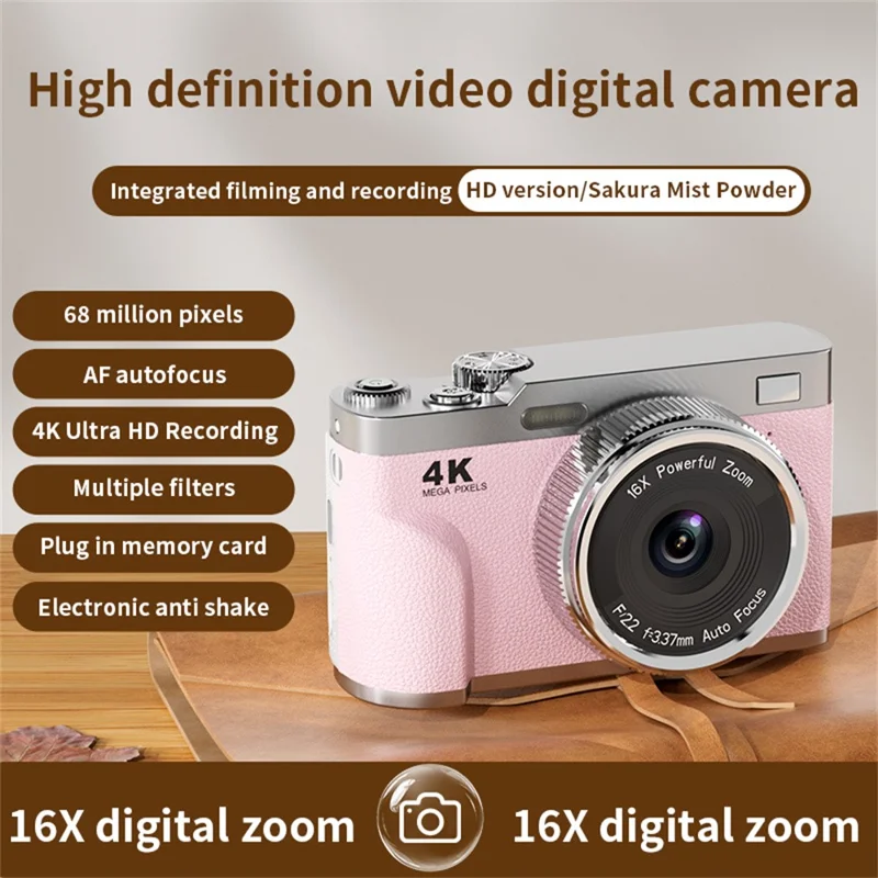 Cámara digital 68MP 4K HD con zoom óptico 16X, pantalla IPS de 2.8 pulgadas, enfoque automático, sin tarjeta de memoria - Rosa