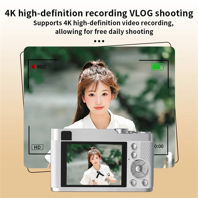 Cámara digital 68MP 4K HD con zoom óptico 16X, pantalla IPS de 2.8 pulgadas, enfoque automático, sin tarjeta de memoria - Rosa