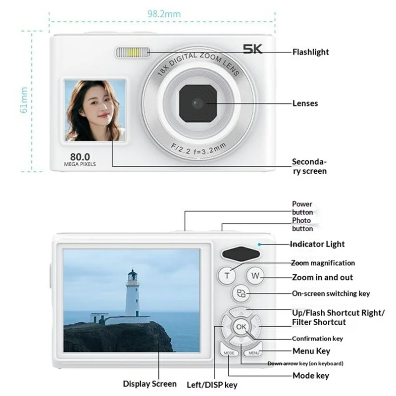 C6S 5K Video Recorder 18X Digital Zoom Dual Screen Digital Camera with LED Fill Light (without TF Card) - White