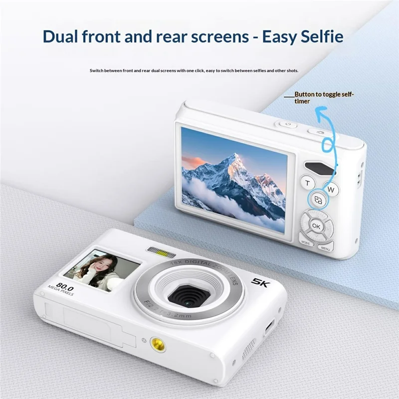 C6S 5K Video Recorder 18X Digital Zoom Dual Screen Digital Camera with LED Fill Light (without TF Card) - White