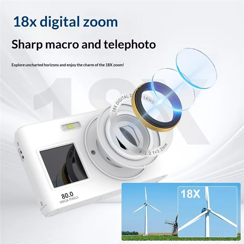 C6S 5K Video Recorder 18X Digital Zoom Dual Screen Digital Camera with LED Fill Light (without TF Card) - White