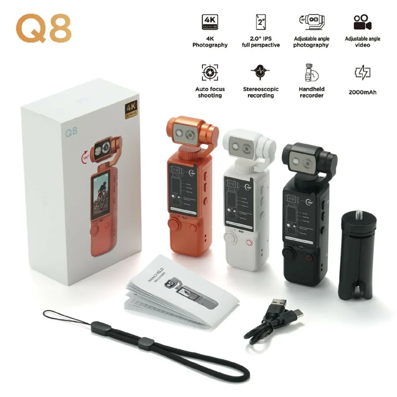 Q8 Action Camera 4K Video Recording 180 Degree Rotating Lens Auto Focus Mini Handheld Sports Cam (without Memory Card) - Black