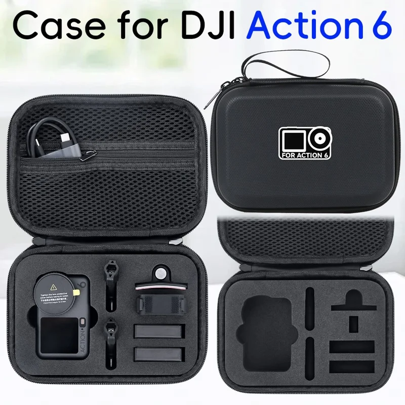 Tragetasche für DJI Osmo Action 6, PU-Leder-Aufbewahrungstasche, tragbare Hartschalen-Schutzhülle – Schwarz / Logo
