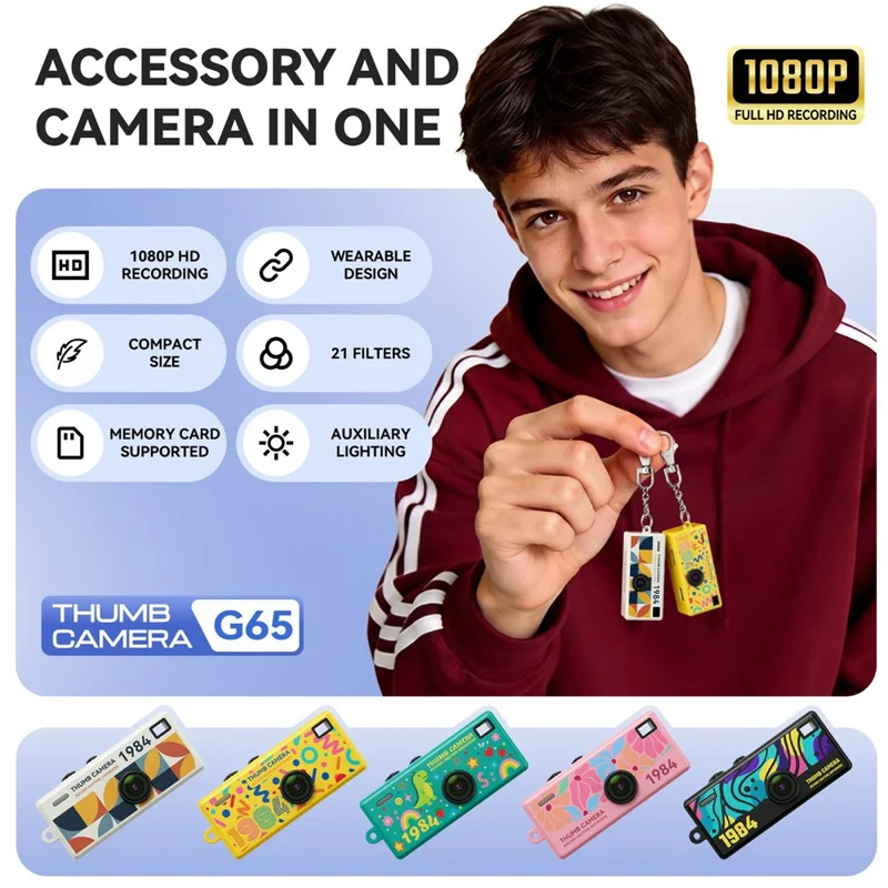 G65 Mini Thumb Camera 1080P HD Pocket Camera 21 Filters LED Flash for Students Outdoor - White