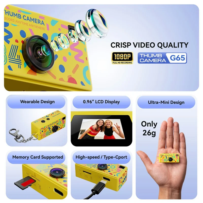 G65 Mini Thumb Camera 1080P HD Pocket Camera 21 Filters LED Flash for Students Outdoor - White