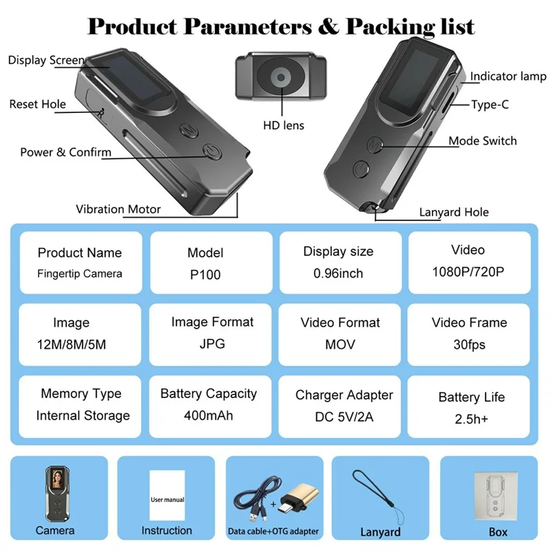 P100 Mini Camera 1080P HD Video Audio Recording Wearable Recorder with Lanyard - Black