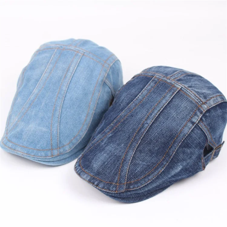 Retro Casual Denim Cap Men Women Adjustable Breathable Washed Cap Beret Hat - Diagonal Stripe Light Blue