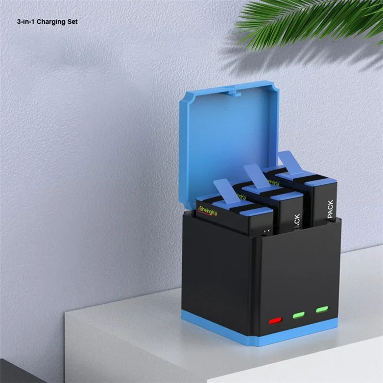SHEINGKA For GoPro Hero 10 / 9 Multi-protection 3-Battery Fast Charger Station Storage Charging Box with Type-C Cable
