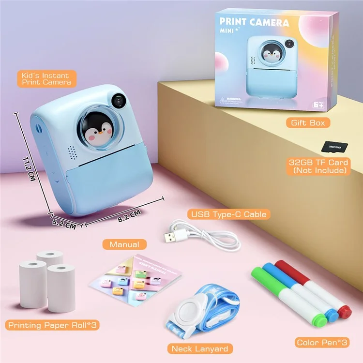 M1 Kids Instant Print Camera 2.0" IPS Screen Digital Cartoon Camera HD Selfie Dual Lens Camera Support 1920x1080P  Resolution - Blue Penguin