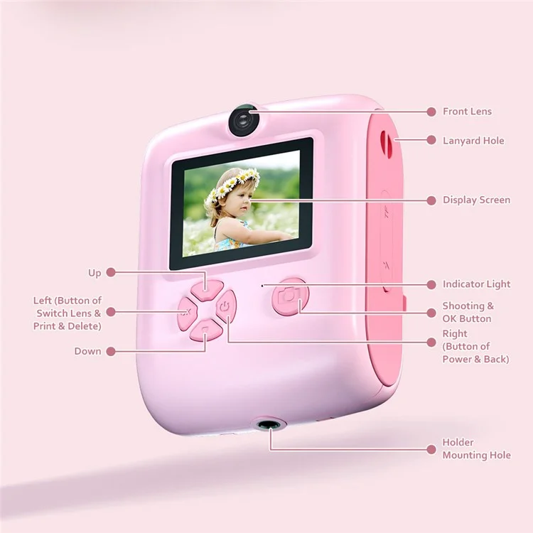 M1 Kids Instant Print Camera 2.0" IPS Screen Digital Cartoon Camera HD Selfie Dual Lens Camera Support 1920x1080P  Resolution - Blue Penguin