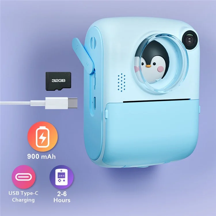 M1 Kids Instant Print Camera 2.0" IPS Screen Digital Cartoon Camera HD Selfie Dual Lens Camera Support 1920x1080P  Resolution - Blue Penguin