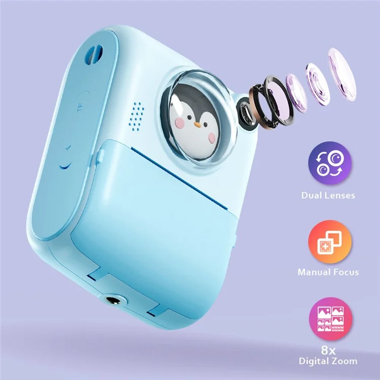 M1 Kids Instant Print Camera 2.0" IPS Screen Digital Cartoon Camera HD Selfie Dual Lens Camera Support 1920x1080P  Resolution - Blue Penguin