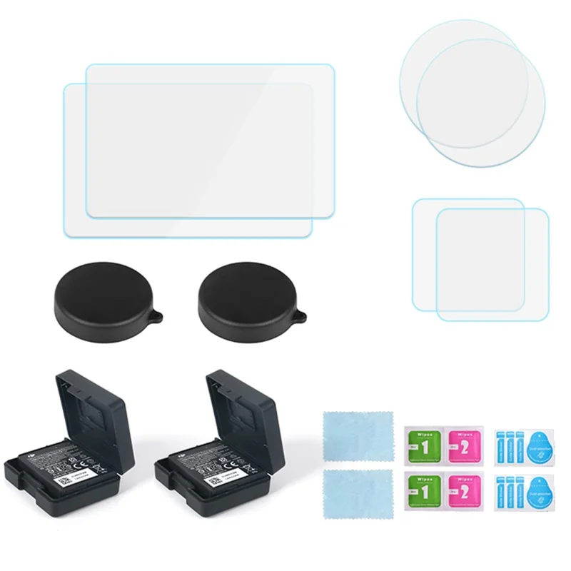 For DJI Osmo Action 3 / Action 4 Battery Storage Box Lens Cover Tempered Glass Screen Protector Set