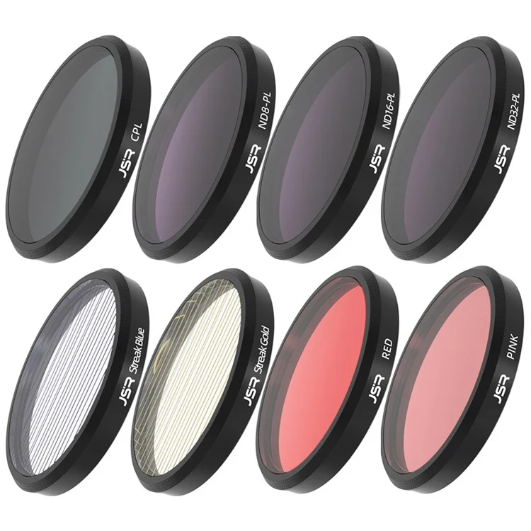 JUNESTAR JSR-1030-22 Filtros de Lente 8 em 1 para Insta360 GO 3 Conjunto de Filtros com CPL+ND8-PL+ND16-PL+ND32-PL+Streak Blue+Streak Gold+Red+Pink