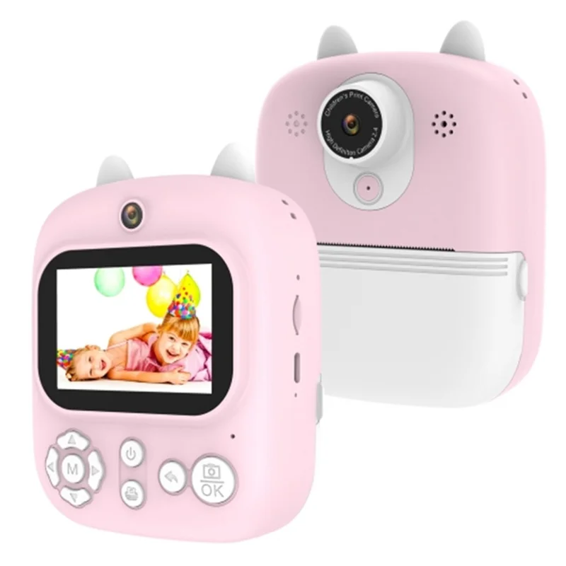 1200W Pixel 2.4-inch IPS Screen Kids Camera Inkless Print Instant Camera with 32G Memory Card, Card Reader - Pink