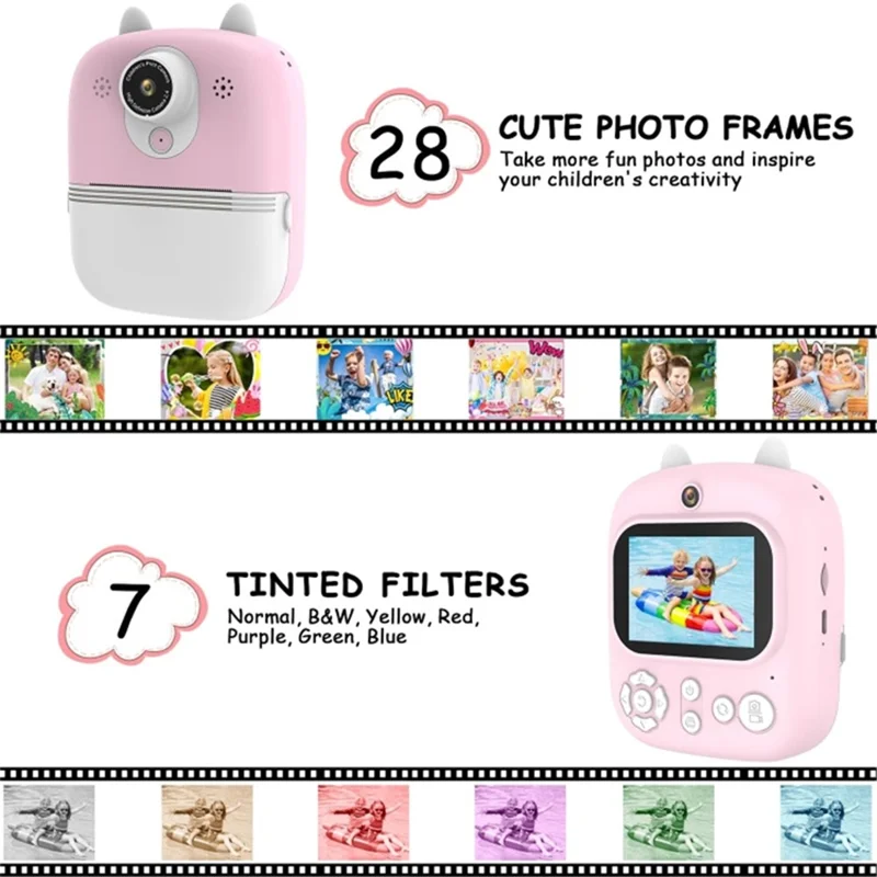 1200W Pixel 2.4-inch IPS Screen Kids Camera Inkless Print Instant Camera with 32G Memory Card, Card Reader - Pink