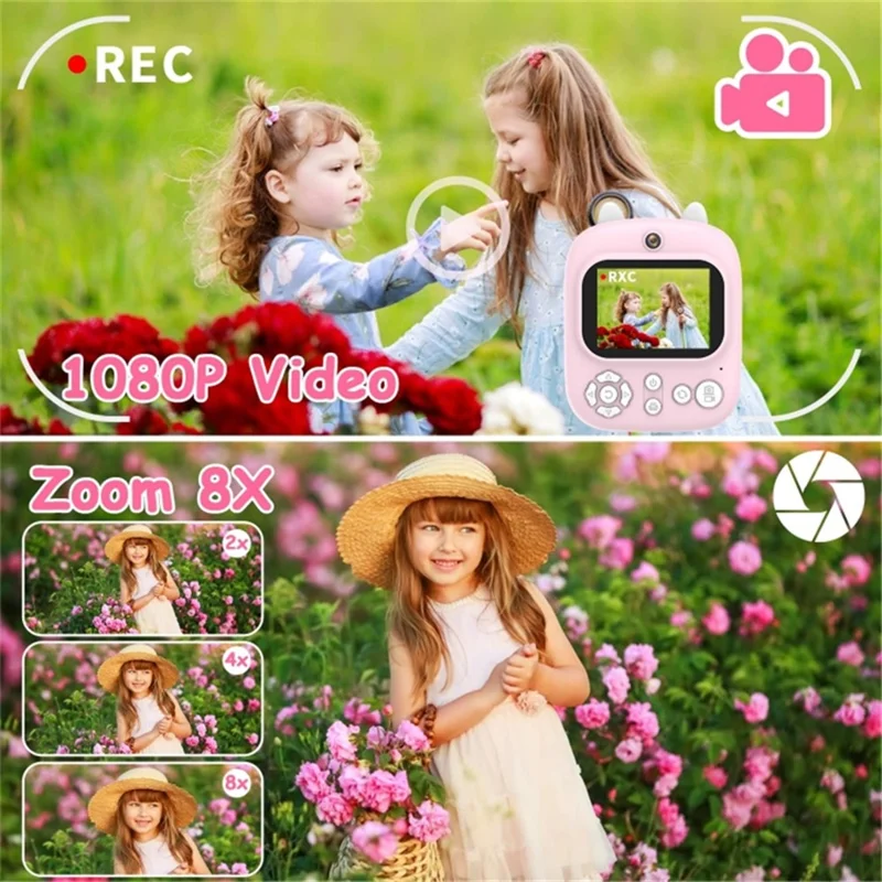 1200W Pixel 2.4-inch IPS Screen Kids Camera Inkless Print Instant Camera with 32G Memory Card, Card Reader - Pink