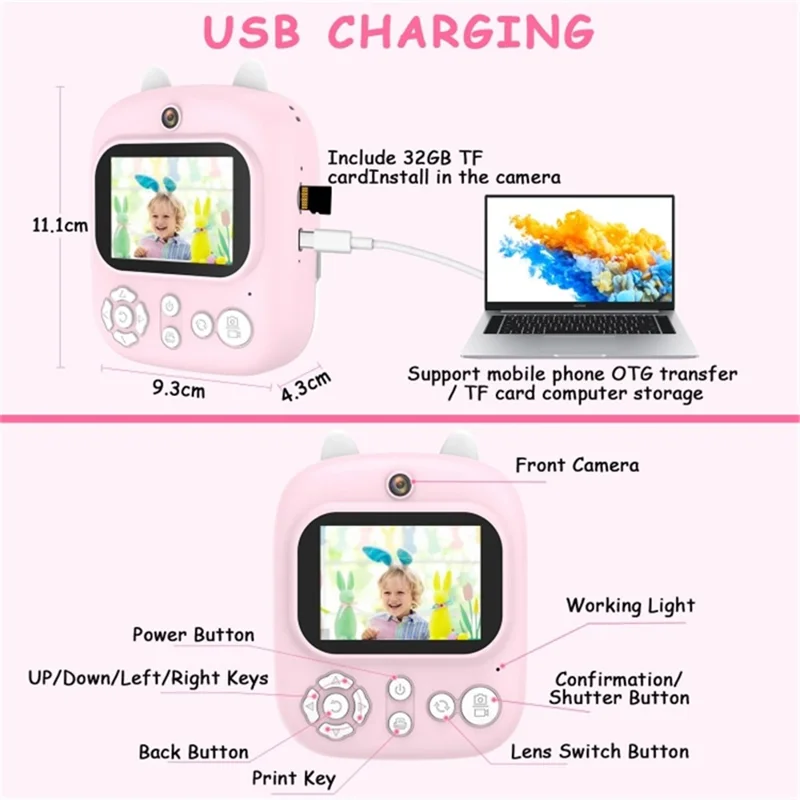 1200W Pixel 2.4-inch IPS Screen Kids Camera Inkless Print Instant Camera with 32G Memory Card, Card Reader - Pink