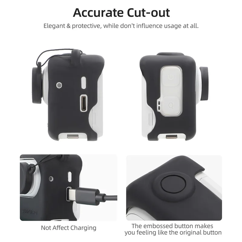 SUNNYLIFE IST-BHT595 4 pièces / Set Étui en silicone + Capuchon d'objectif + Autocollant + Lanière pour Insta360 GO 3 Étui de charge - Noir