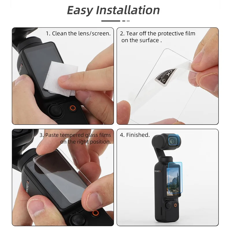 SUNNYLIFE OP3-BHM717 2 Piezas de protector de pantalla de cristal templado + 2 Piezas de película de lente para cámara de mano DJI Osmo Pocket 3