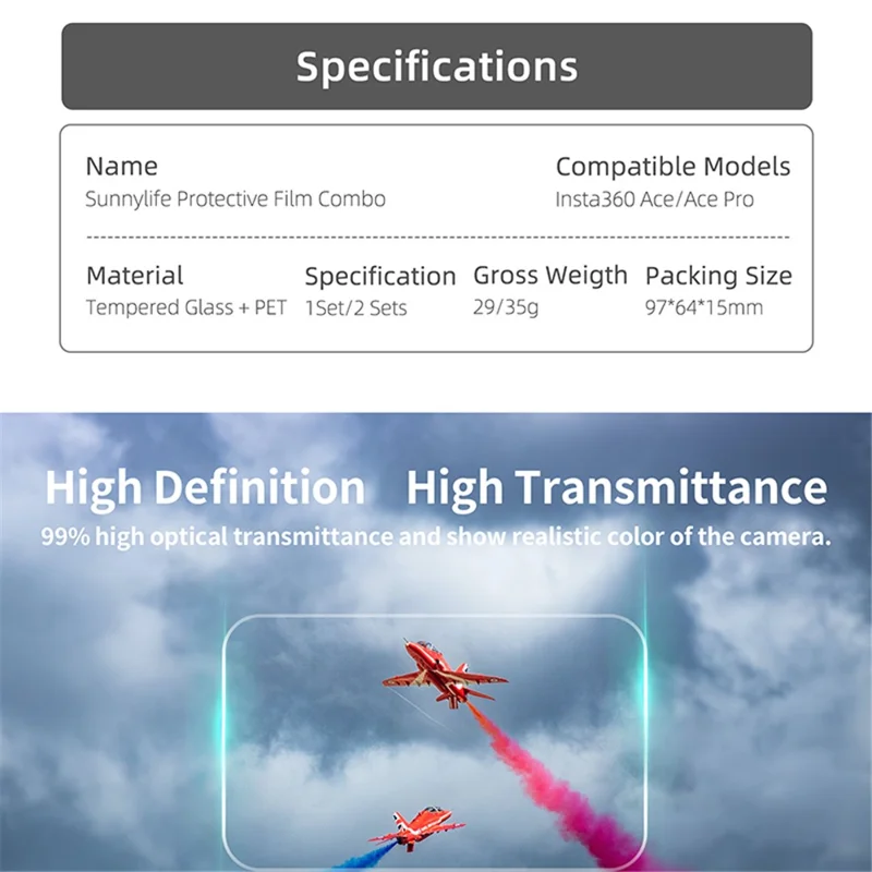 SUNNYLIFE 2 Sets For Insta360 Ace High Sensitive Camera Screen Films Oil-proof Tempered Glass Protectors