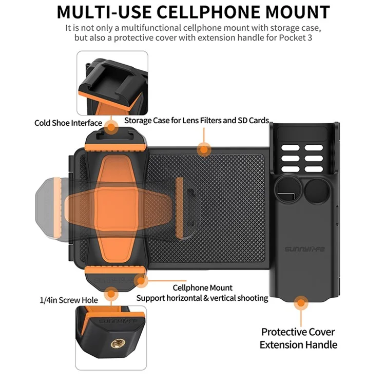 SUNNYLIFE OP3-AD744 Für DJI Osmo Pocket 3 Erweiterter Handyhalter mit Aufbewahrungskoffer, Aktionskamera-Verlängerungsgriff mit 1/4-Zoll-Gewinde