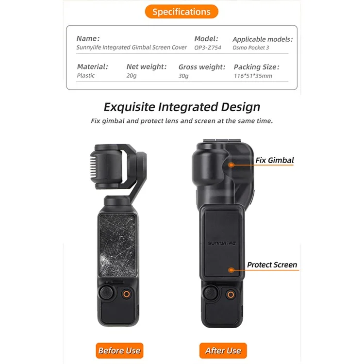 SUNNYLIFE OP3-Z754 Pour DJI Osmo Pocket 3 Couvercle de Lentille D'écran de Protection en Plastique Cardan-couvercle