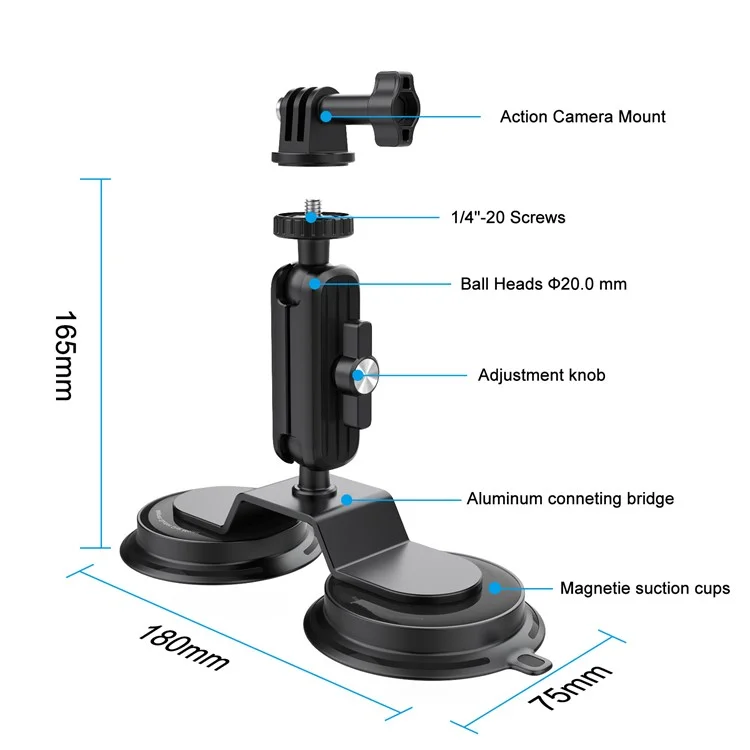 K03-2 Pour Insta360 / GoPro Action Camera Bracket Magnetic Dual Suction Cup Rotatable Camera Stand