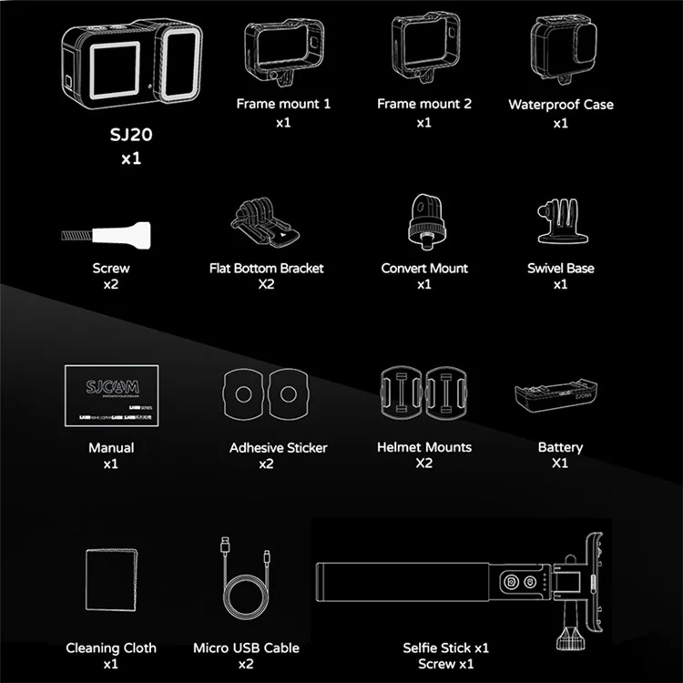 SJCAM SJ20 Caméra d'action 4K 30FPS à double objectif et double écran étanche aux sports