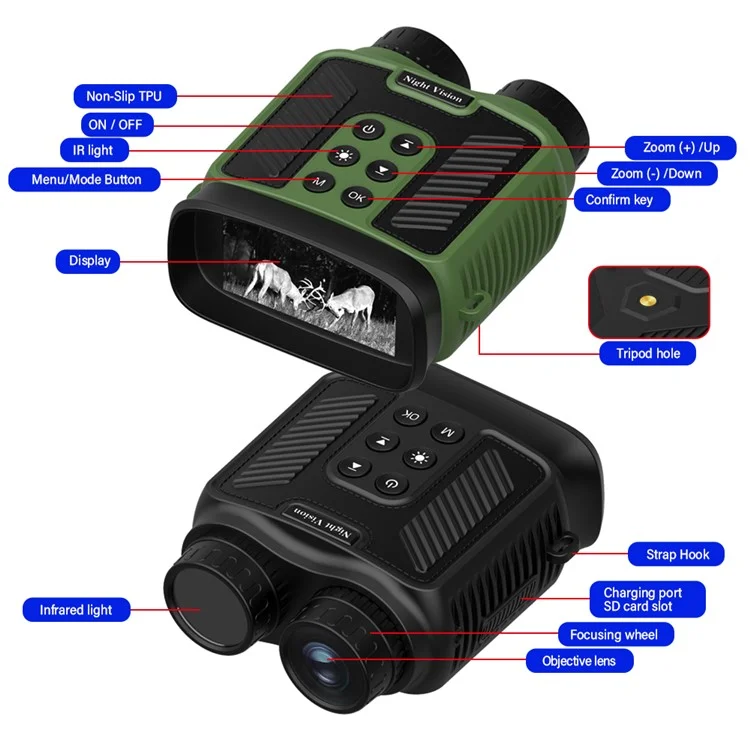 DT59 HD Video Binocular Night Vision Goggles Hunting Camera Support 128GB Memory Card Storage - Green