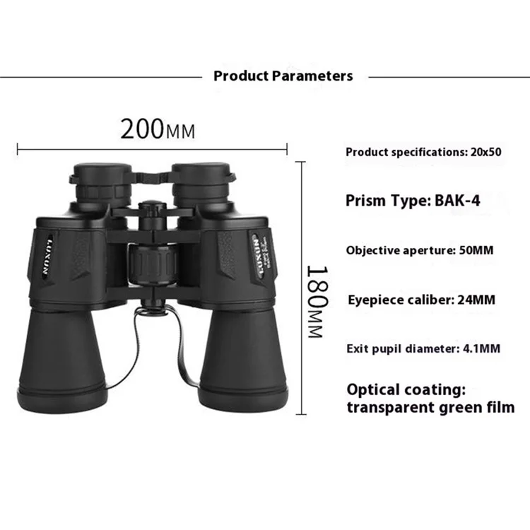 LUXUN 20X50 Binóculos Alta Definição Visão Noturna Prisma Telescópio Outdoor - Preto